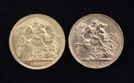 Two gold full sovereigns Victoria 1892 and Edward VII 1905.